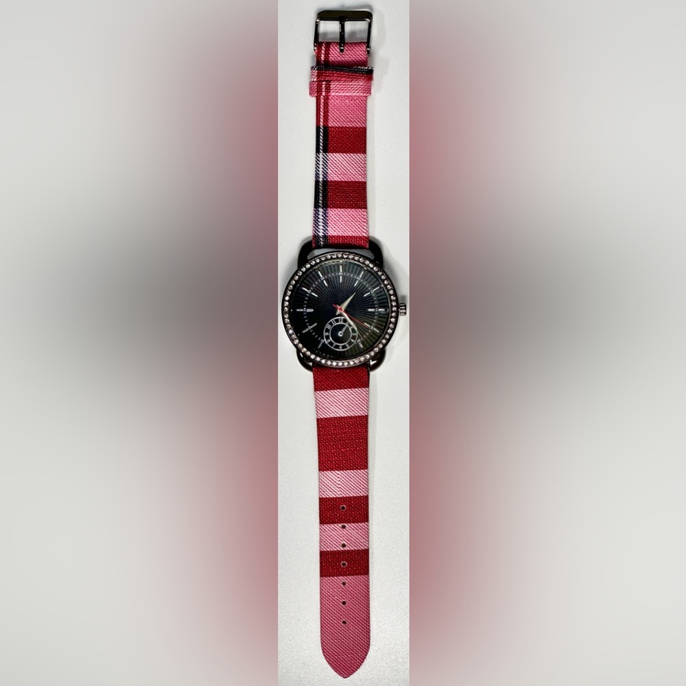NEW Women’s Red, Pink & Black Plaid Analog 42mm Rhinestone Bezel Black Watch